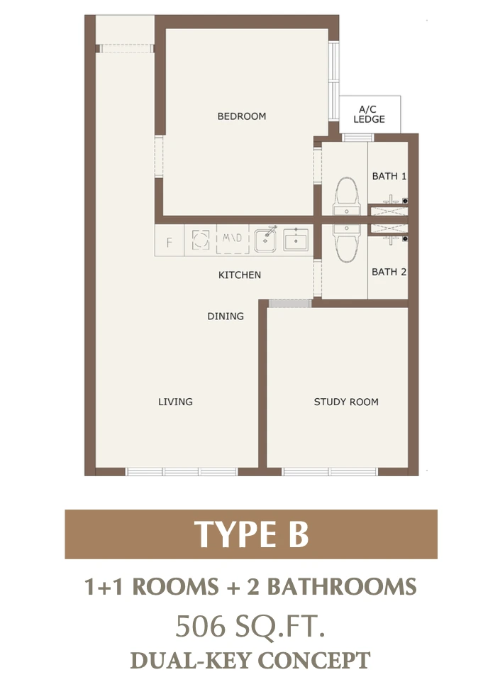 Type B floor plan, 506 square feet, 1+1 rooms and 2 bathrooms