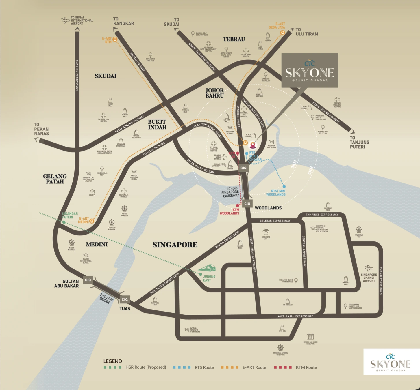 Regional connectivity map showing CTC SkyOne at Bukit Chagar, Johor Bahru, and routes to RTS, CIQ and Singapore