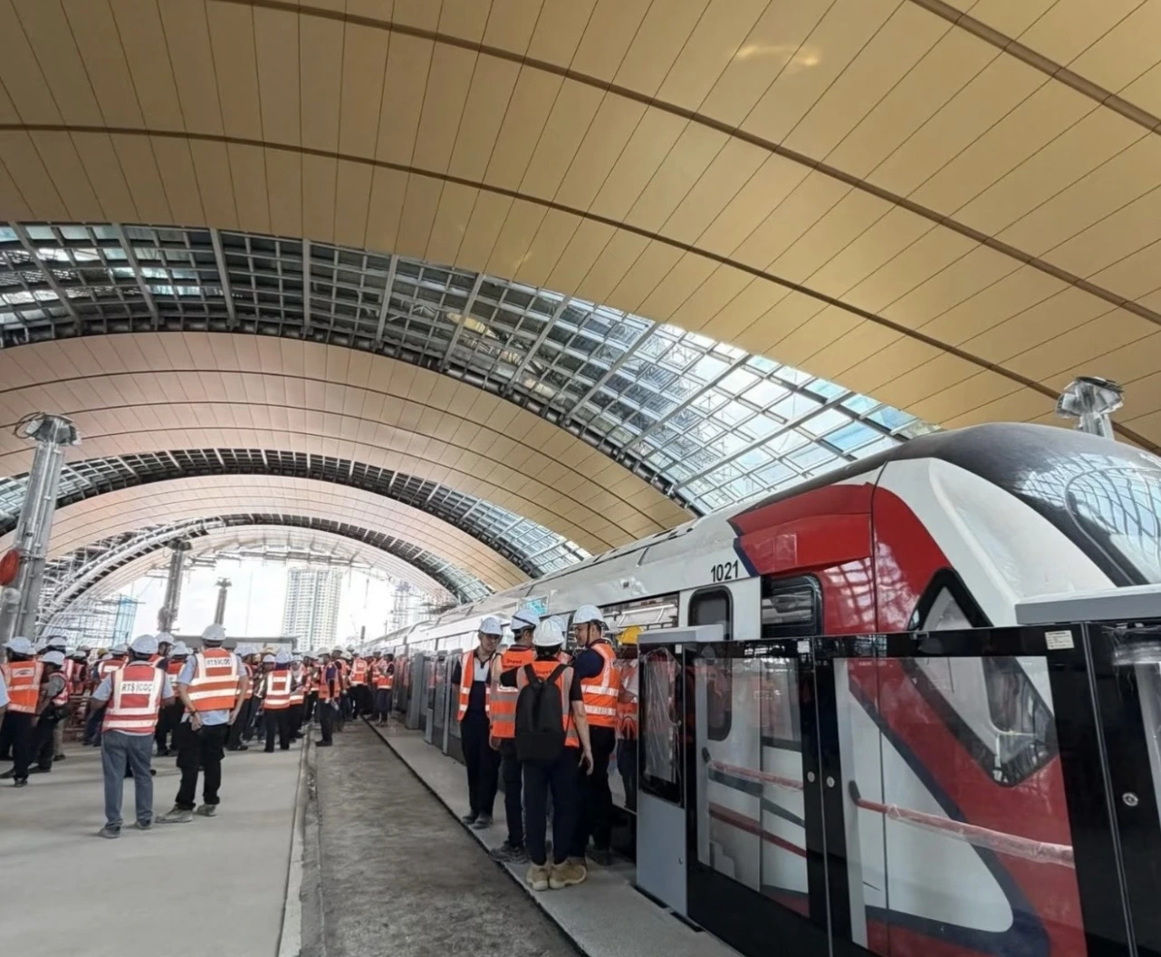 Train at a station platform during testing