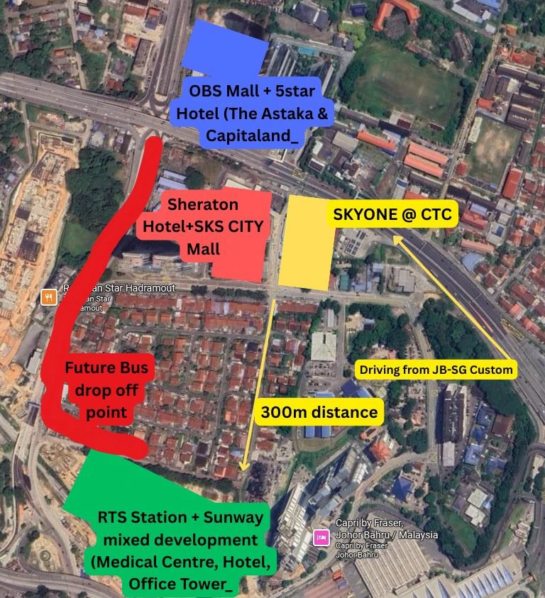 Aerial location map marking Skyone, nearby hotel and mall, and RTS station distance